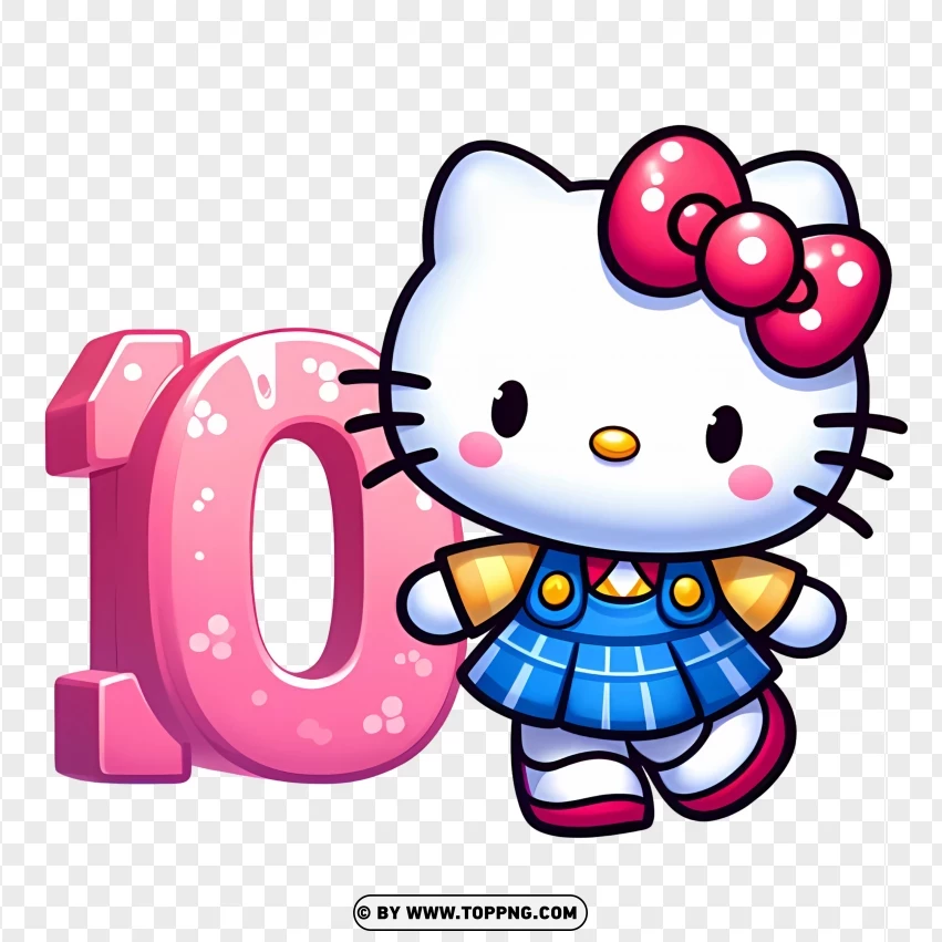 Hello Kitty In A Dress With Number 10 Marking Double-digit Birthdays PNG Transparent Background