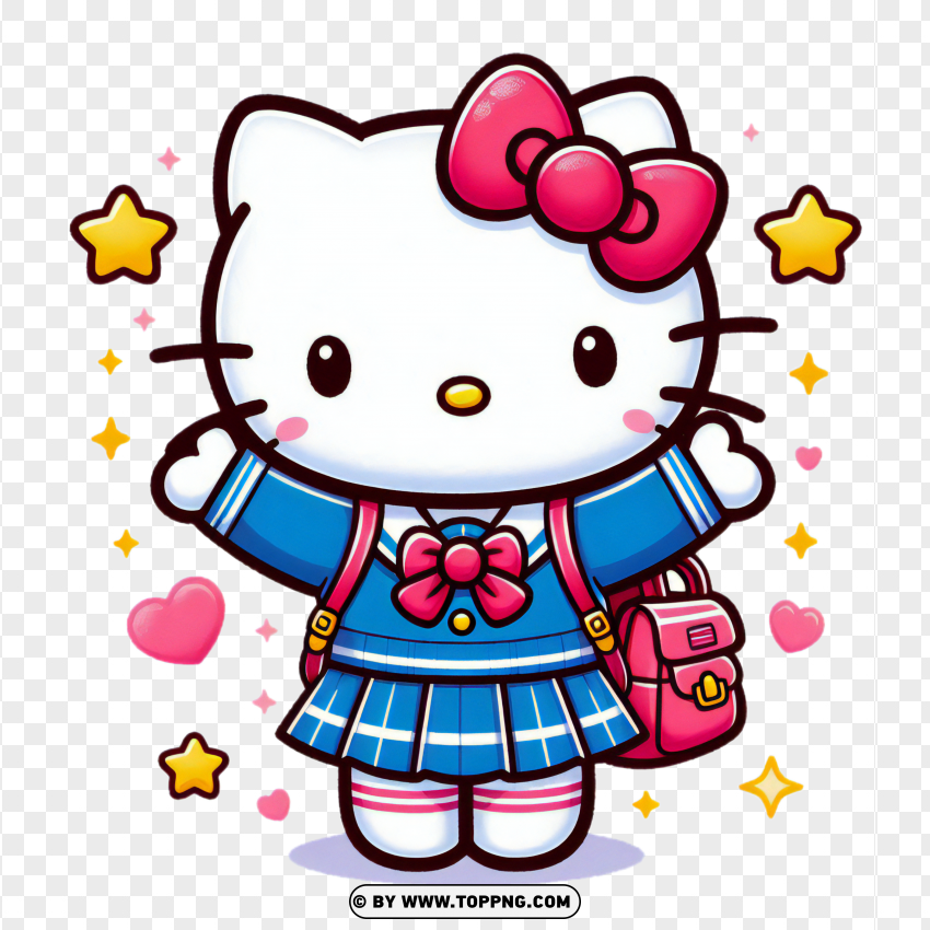 Hello Kitty in a blue school uniform with a pink backpack, surrounded by stars and hearts, cartoon illustration with transparent background