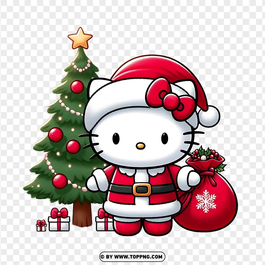 Hello Kitty Santa With Christmas Tree And Gift Bag PNG Transparent Background