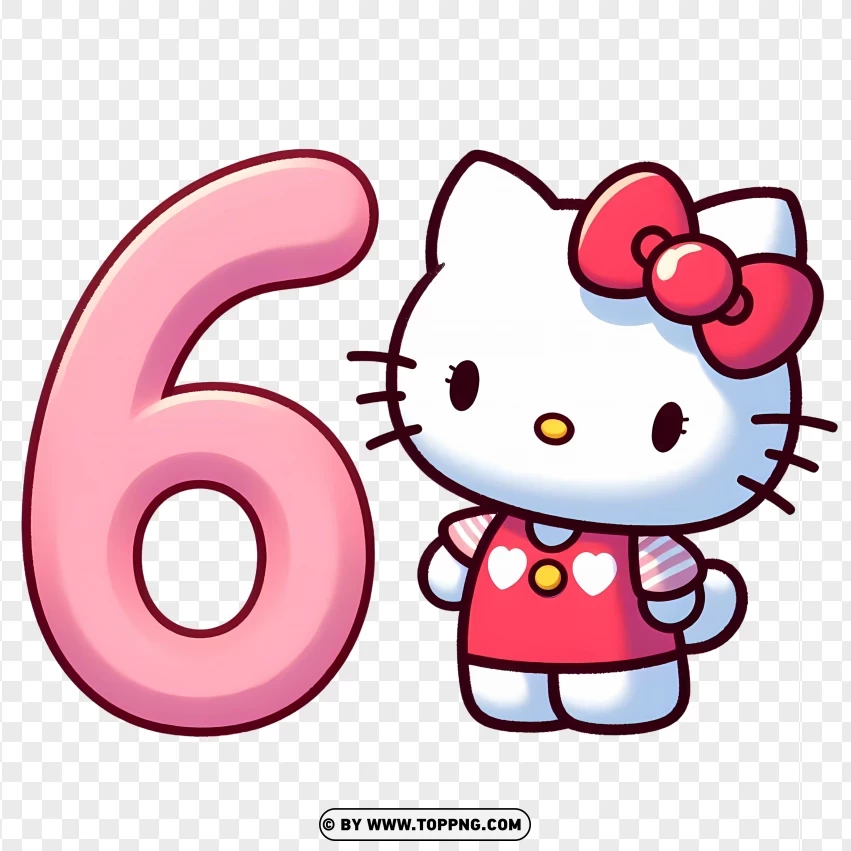 Hello Kitty Standing Beside Number 6 Vibrant And Fun Birthday Theme PNG Transparent Background