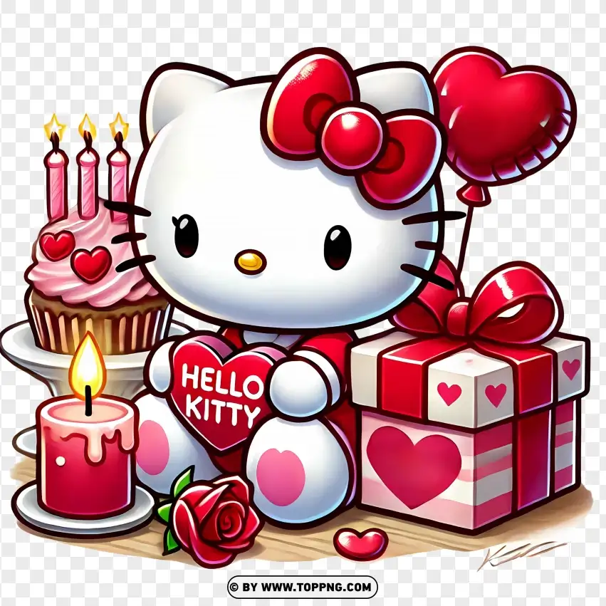 Hello Kitty Valentines Cake And Gift Celebration PNG Transparent Background