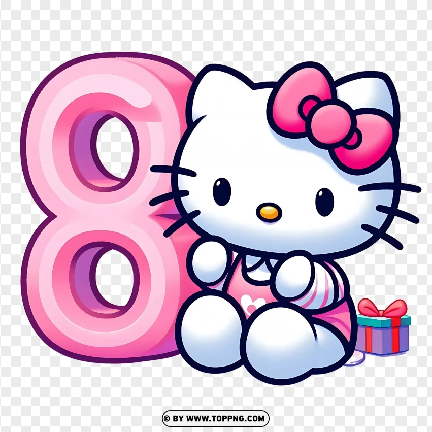 Hello Kitty With A Gift Beside Number 8 Great For Celebratory Themes PNG Transparent Background