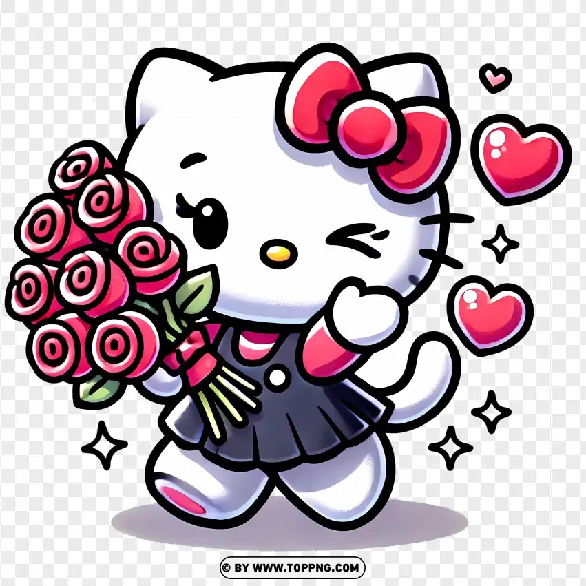 Hello Kitty Holding Valentines Day Bouquet PNG Transparent Background