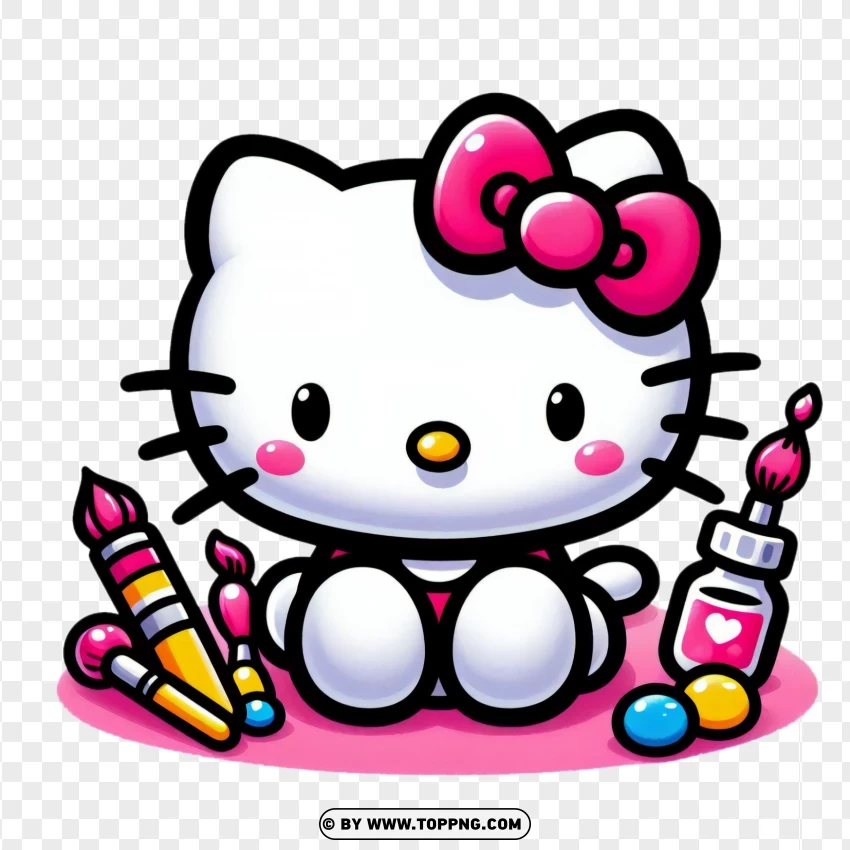 Hello Kitty With Painting Tools Image PNG Transparent Background