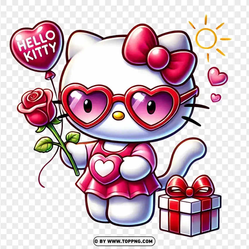 Hello Kitty With Sunglasses Roses And Gifts PNG Transparent Background