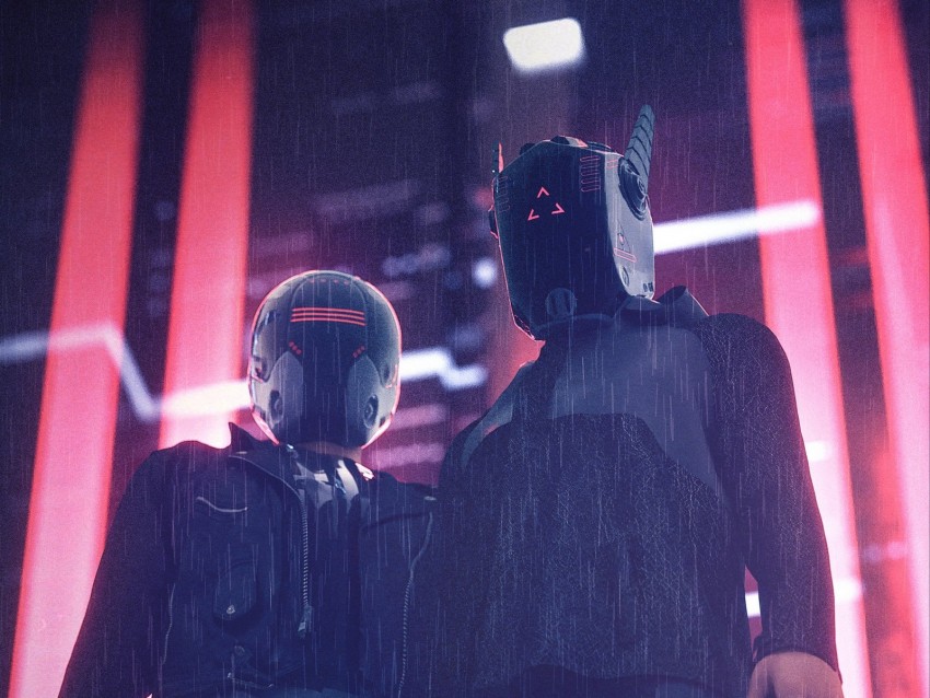 helmets, masks, cyberpunk, night, rain, lights