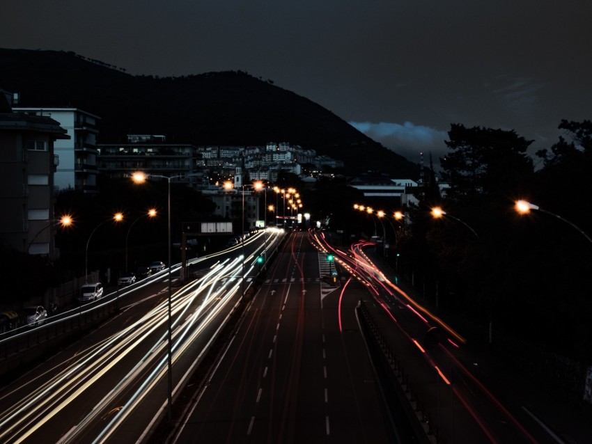highway, city, night, long exposure, lights, traffic
