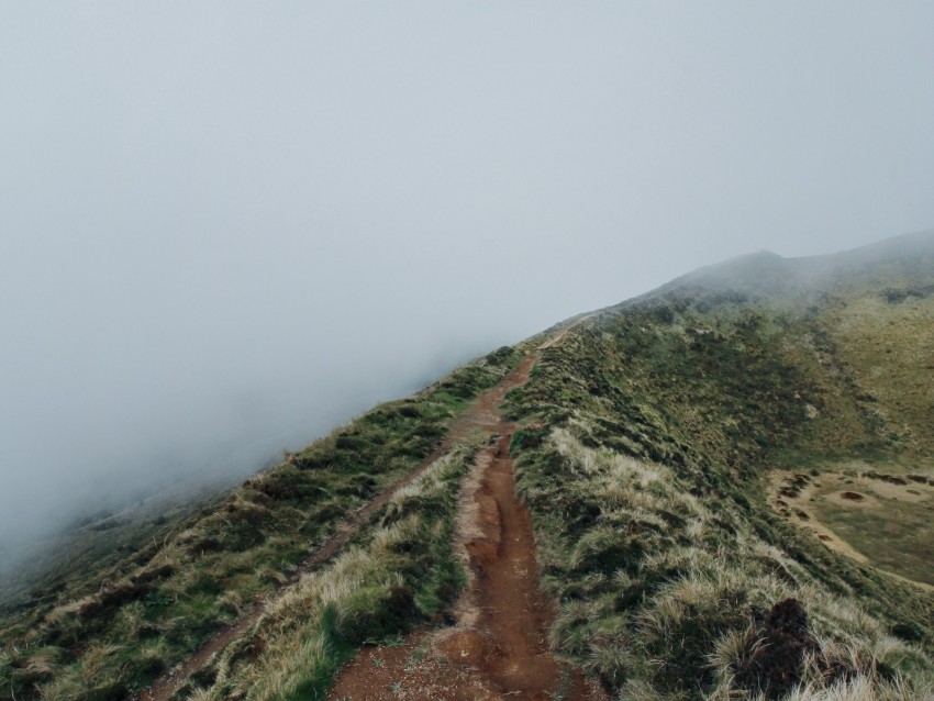 hill, ridge, fog, path, grass, slope
