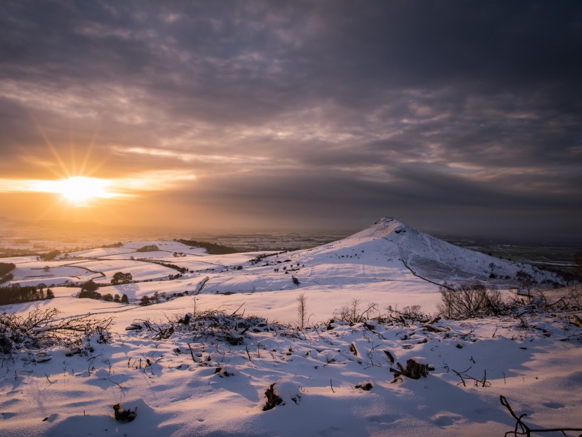 hills, landscape, winter, snow, sunset