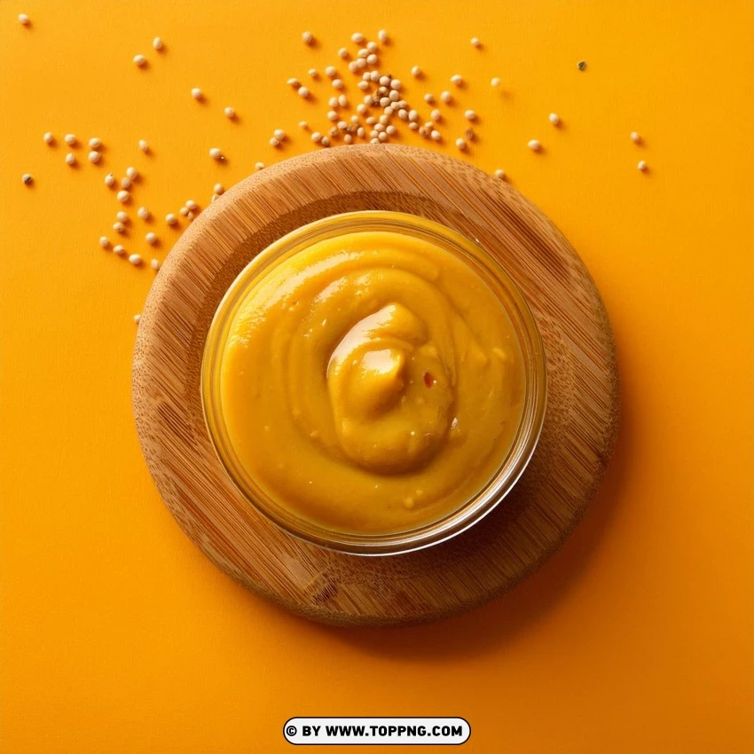 Honey Mustard In A Glass Bowl On A Wooden Plate With Mustard Seeds PNG Transparent Background