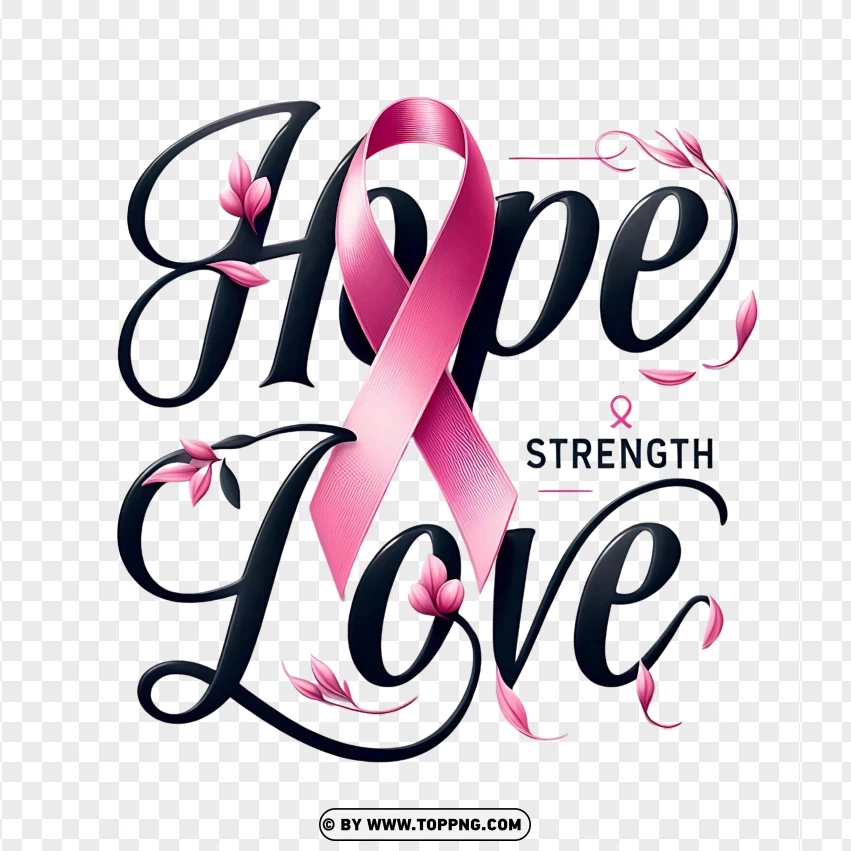 Hope Strength And Love Breast Cancer Awareness Design With Pink Ribbon PNG Transparent Background