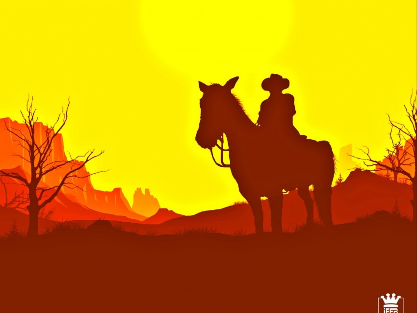 horseman, silhouette, sunset, western, art