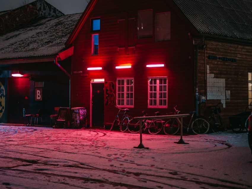 house, bicycles, winter, light, red