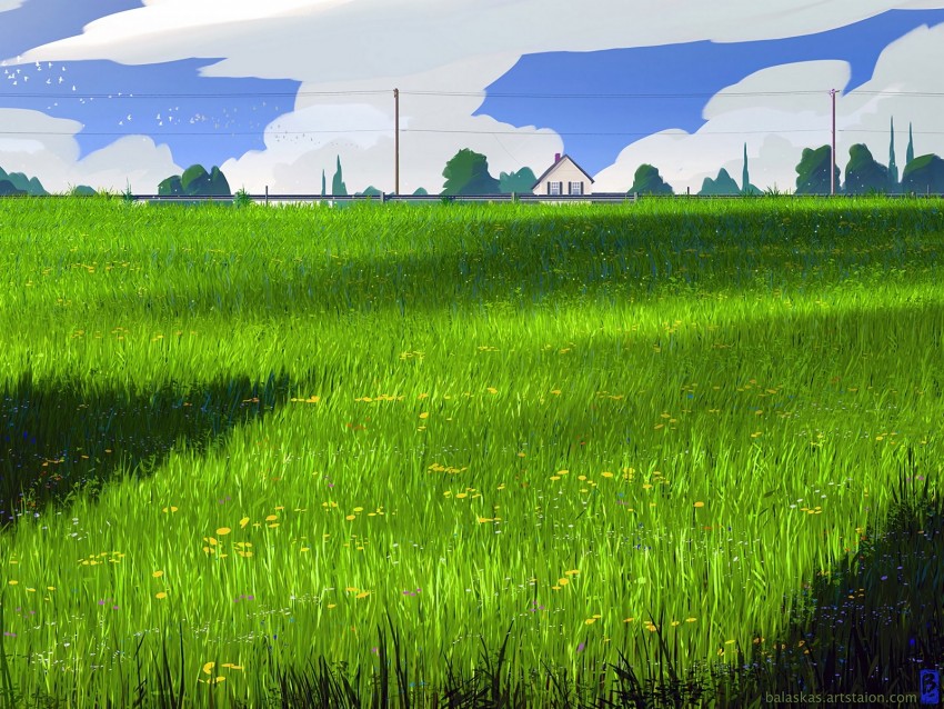 house, meadow, art, field, grass