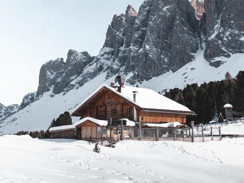 house, mountains, snow, villa, country, nature