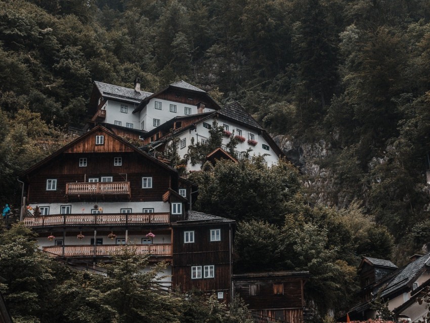 house, trees, mountain, slope, forest, building