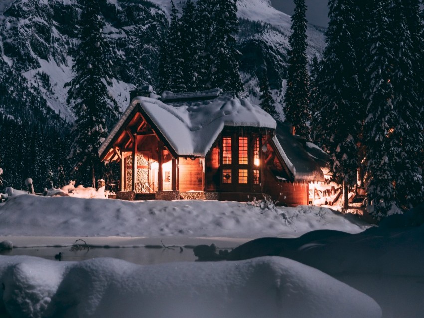house, winter, snow, night, trees