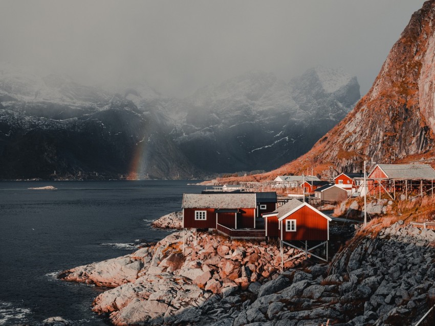 houses, mountains, fog, rainbow, lofoten, norway