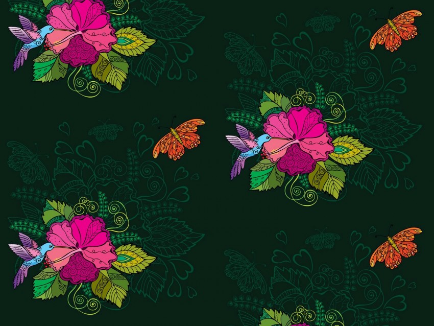 hummingbirds, flowers, birds, patterns