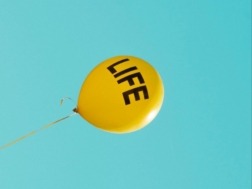 inscription, life, balloon, yellow sky, cloudless, minimalism