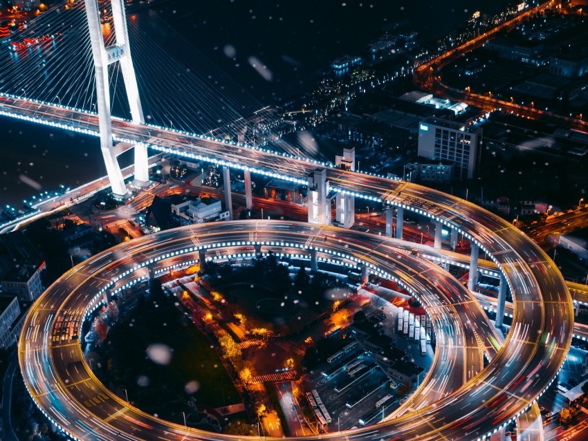 interchange, road, night city, aerial view, city lights, roads