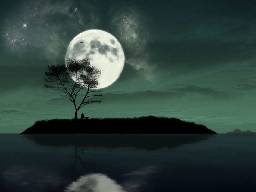 island, night, moon, silhouette, loneliness, art