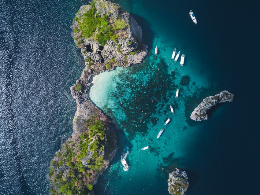 island, ocean, aerial view, boats, water