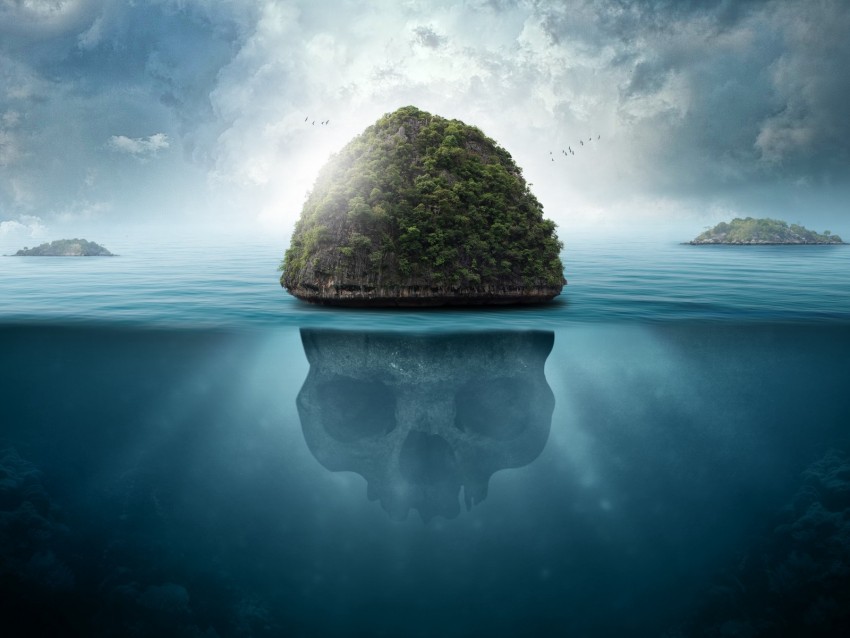island, skull, underwater, secrets