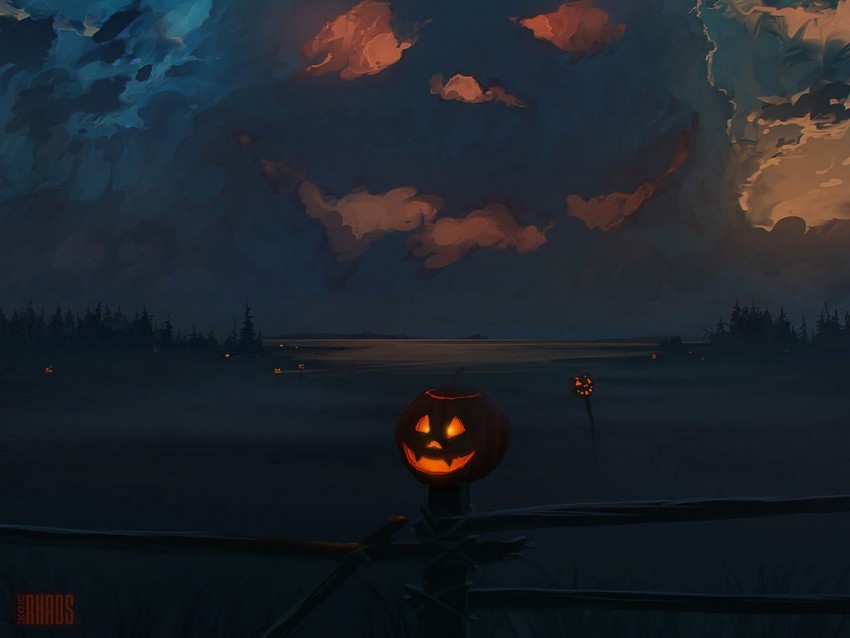 jack o lantern, pumpkin, halloween, art, clouds