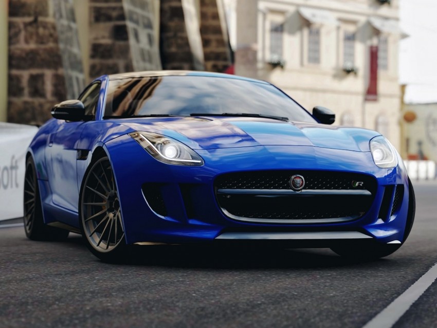 jaguar f-type, jaguar, sports car, race, blue, front view