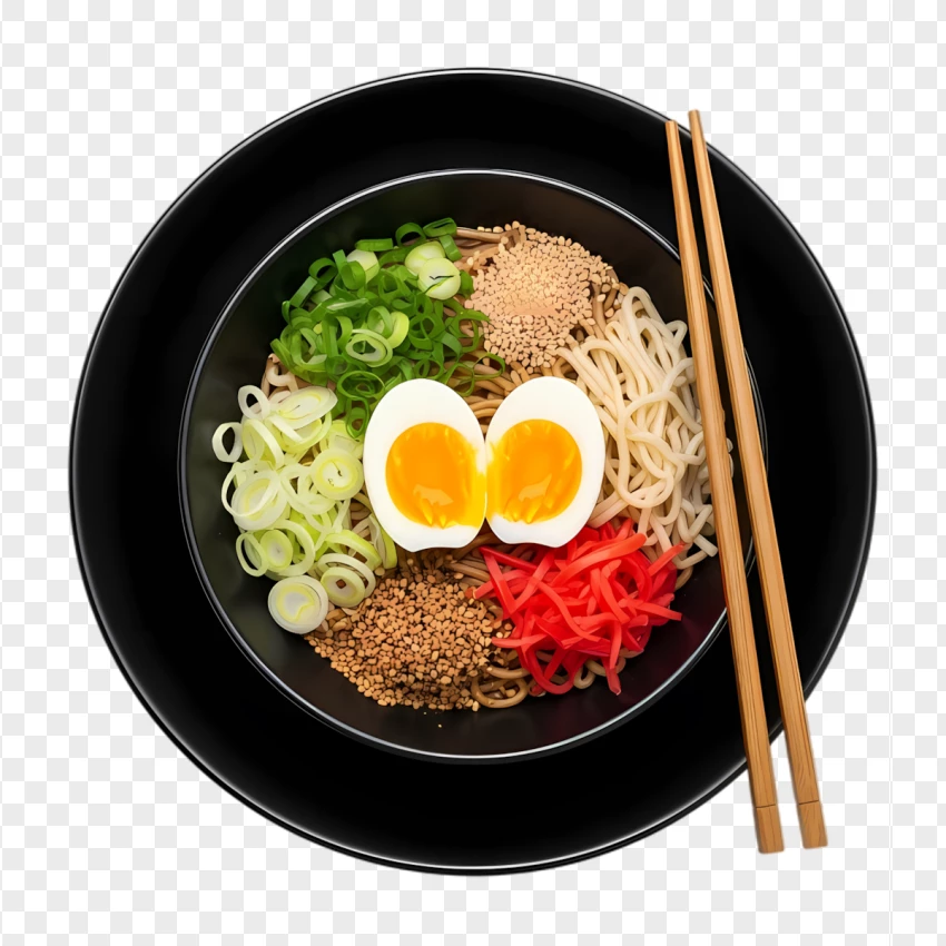 Japanese Noodles With Egg And Vegetables Top View PNG Transparent Background
