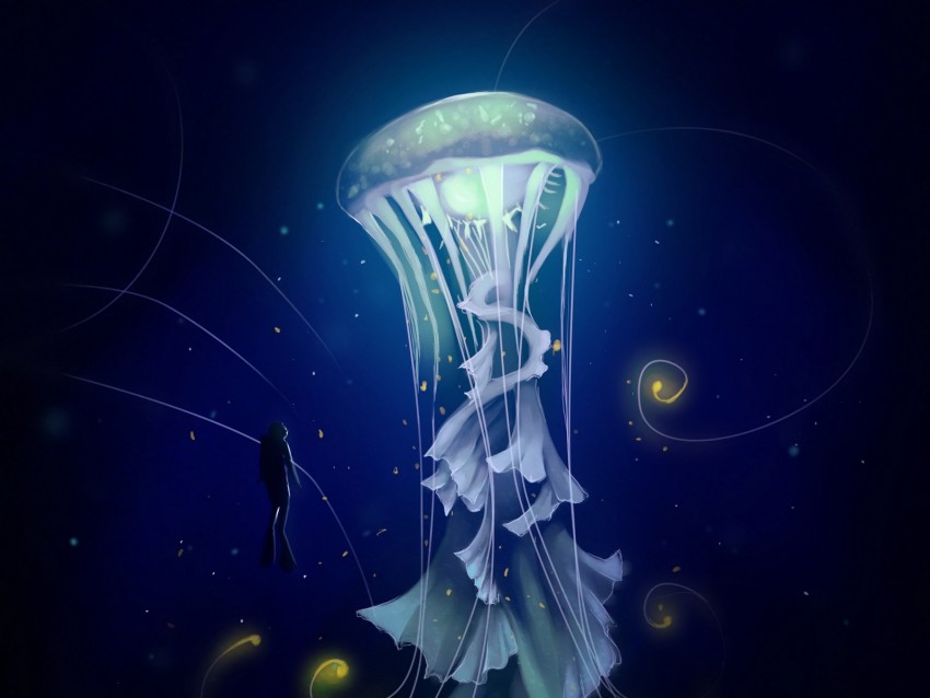 jellyfish, diver, art, sea, depth