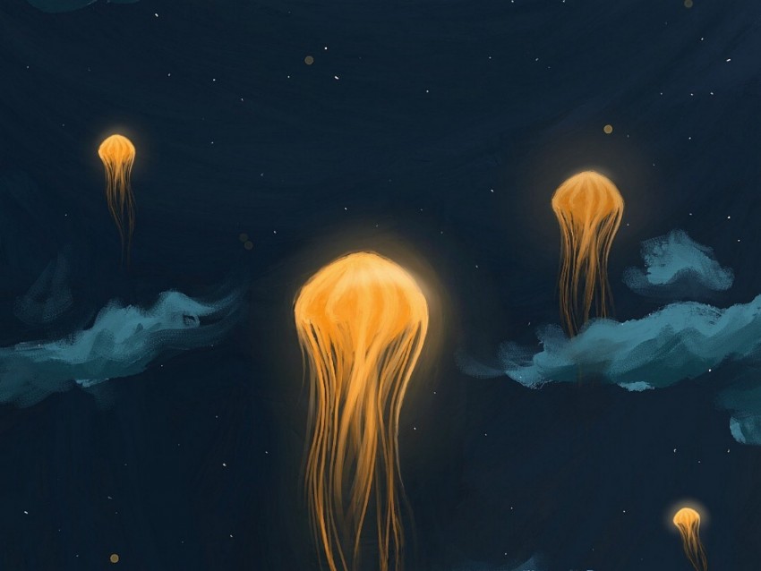 jellyfish, lanterns, night, art, sky, fantastic