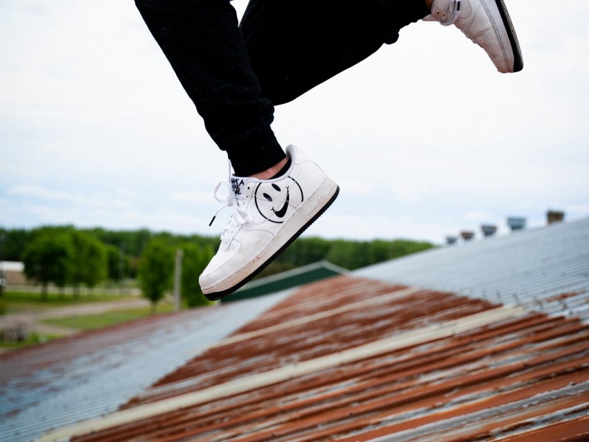 jump, legs, sneakers, man, roof