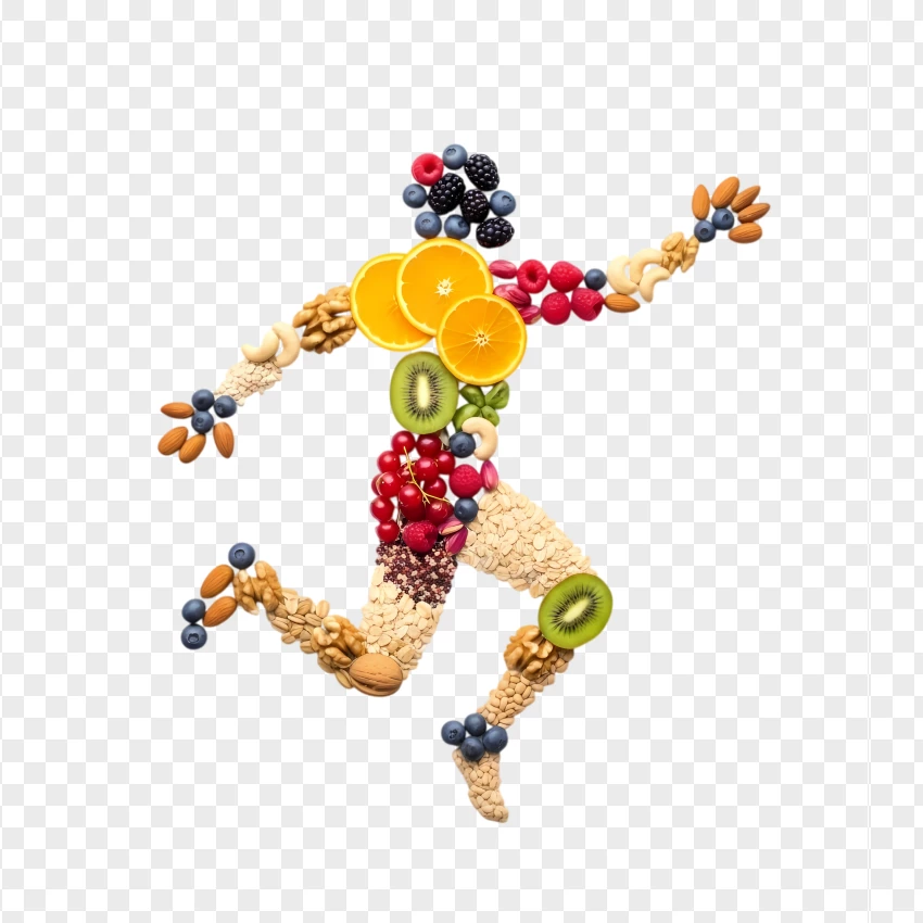 Jumping Athlete Made Of Fruits And Nuts PNG Transparent Background