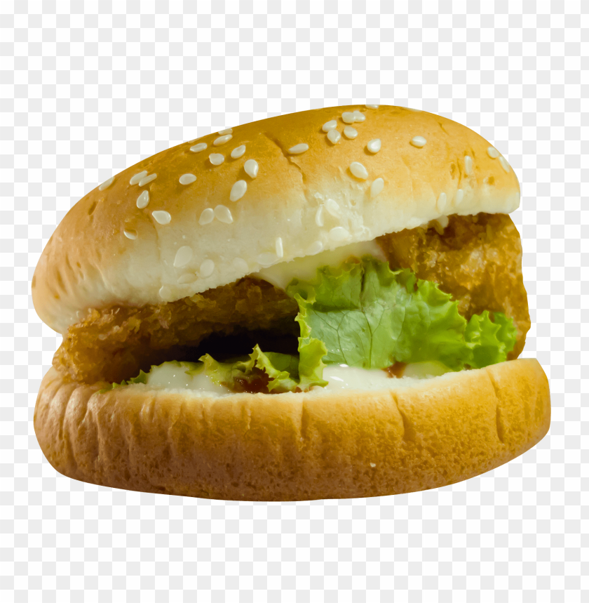 Close-up of a chicken burger with lettuce and mayonnaise on a sesame seed bun.