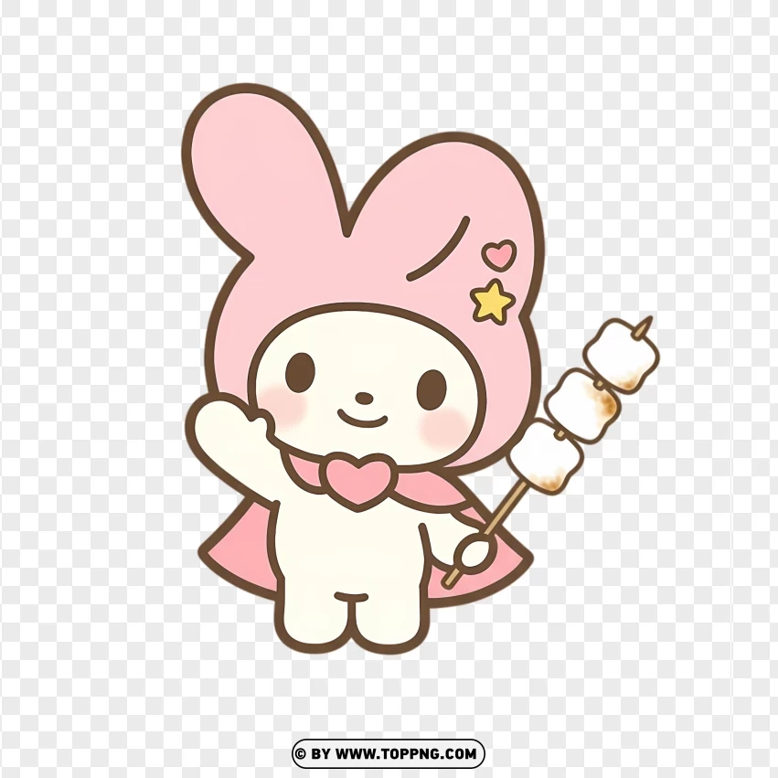 Kawaii bunny holding marshmallow stick in pastel style