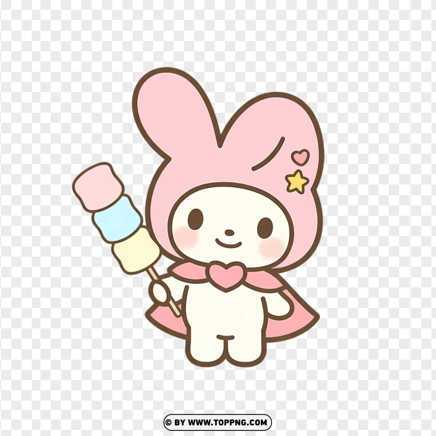 Kawaii bunny holding pastel marshmallow stick in sweet pose