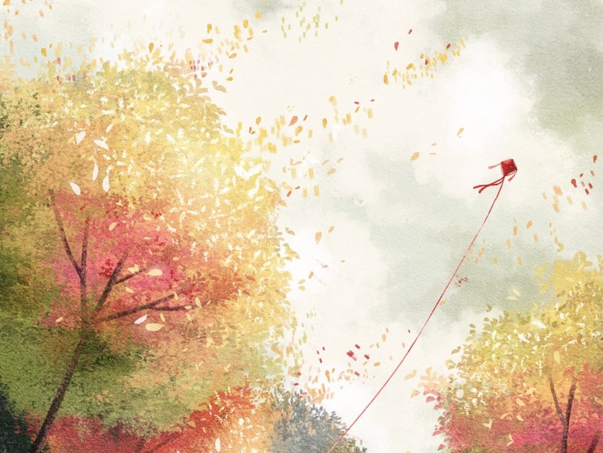 kite, forest, trees, autumn, art