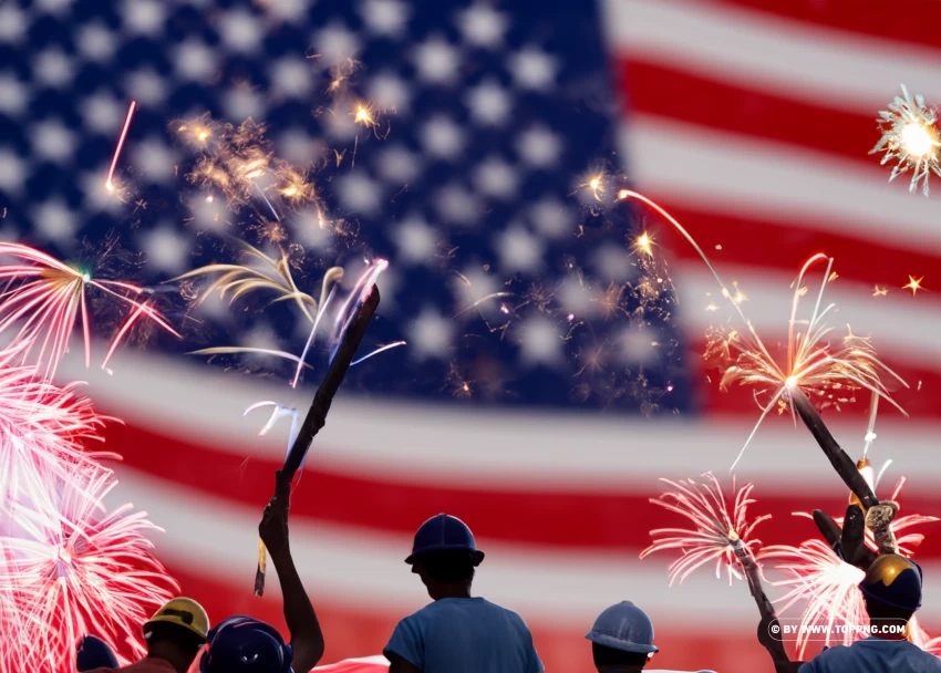 Labor Day Celebrations Workers With American Flag Background And Fireworks Background