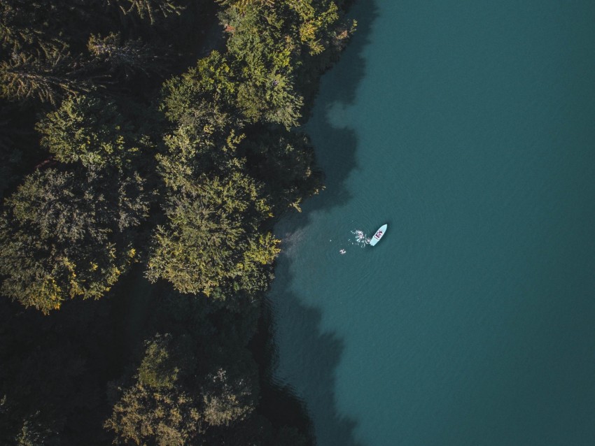 lake, boat, aerial view, trees