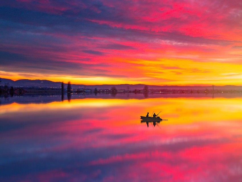 lake, boat, sunset, reflection, landscape