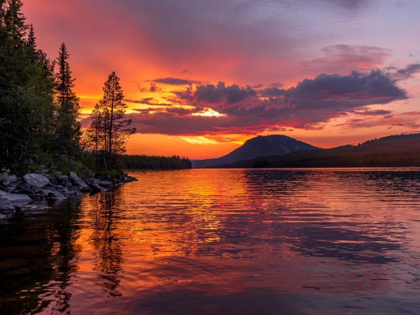 lake, coast, sunset, ripples, reflection, landscape