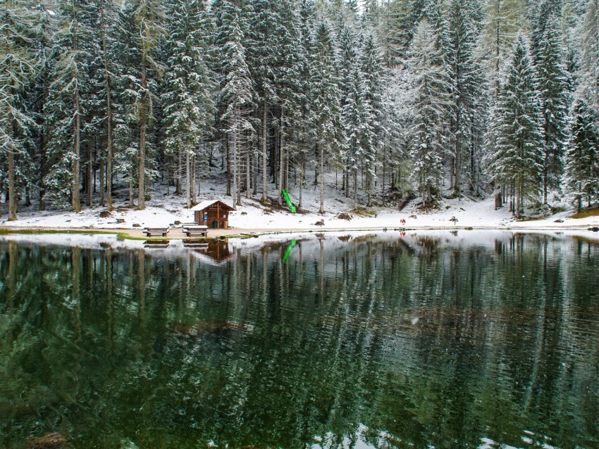 lake, forest, house, snow, landscape, solitude