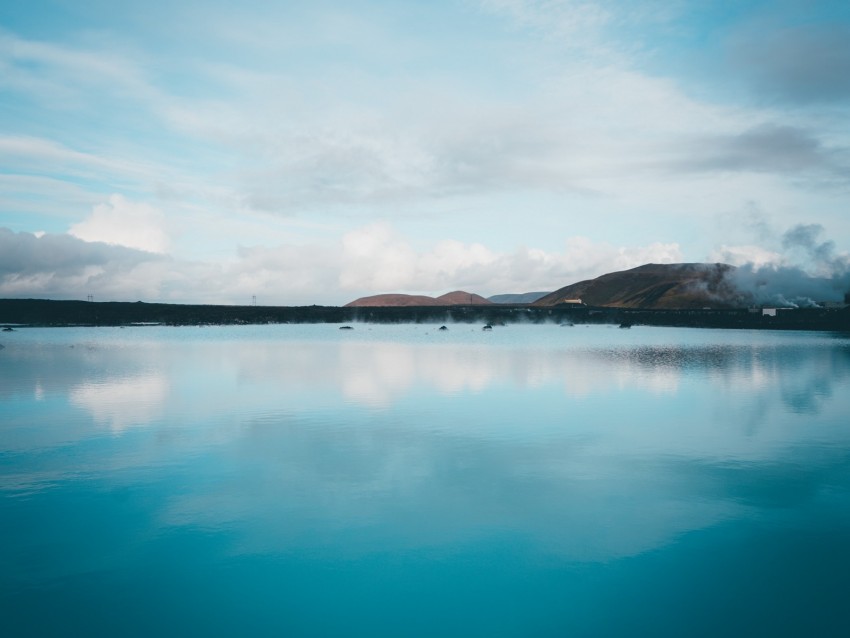lake, hills, iceland, blue, sky, reflection