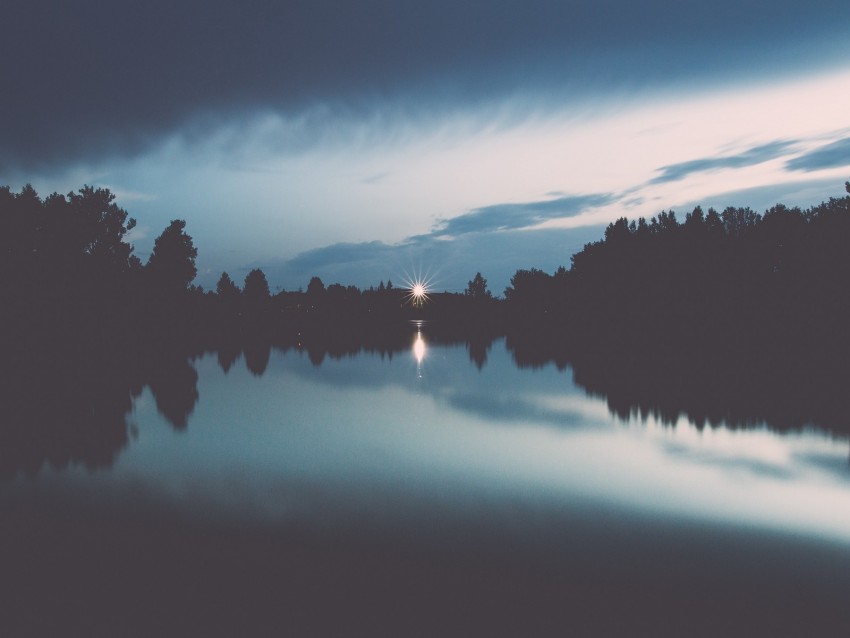 lake, horizon, sunset, reflection, rays