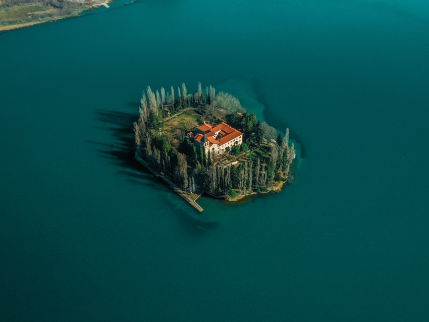 lake, island, aerial view, trees, house