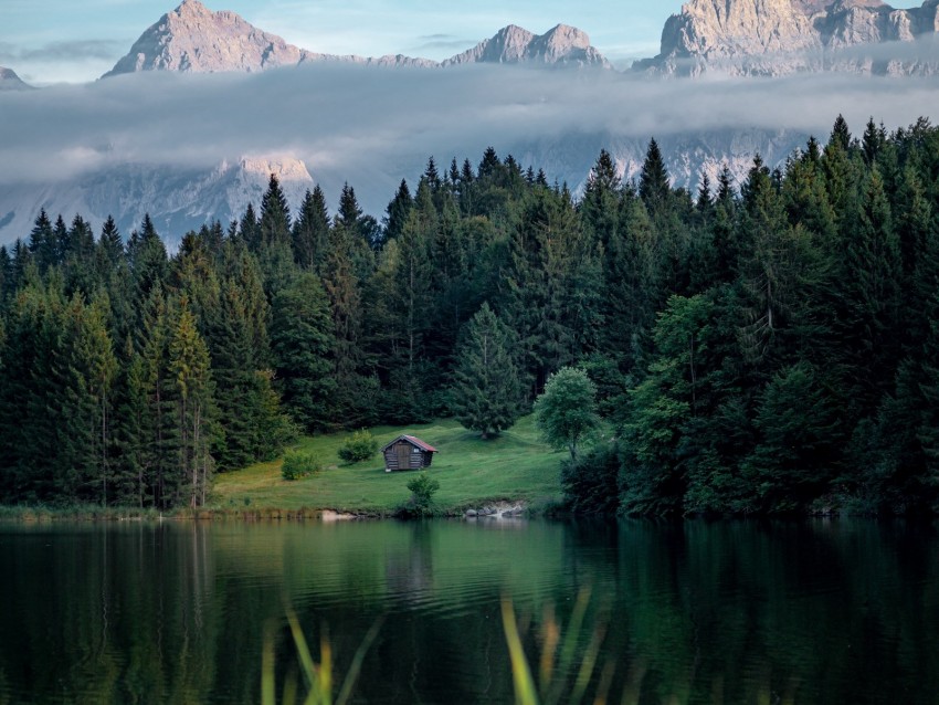 lake, lawn, house, forest, mountains, nature