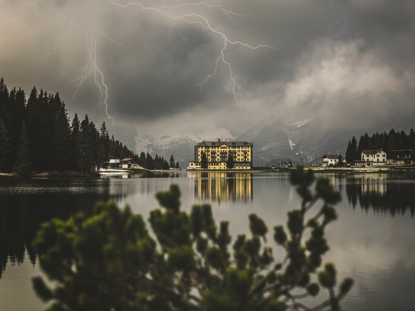 lake, lightning, thunderstorm, mountains, buildings