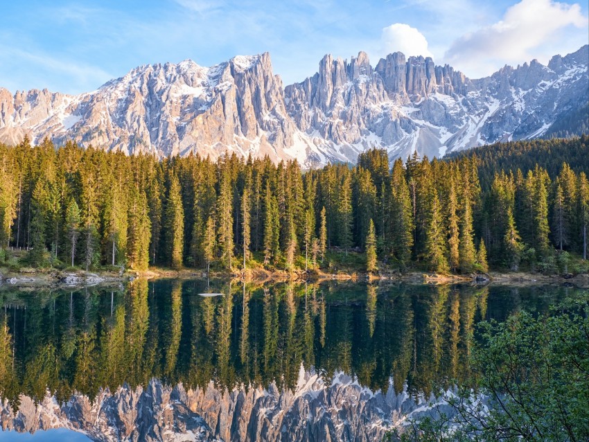lake, mountain, trees, peaks, sky, reflection